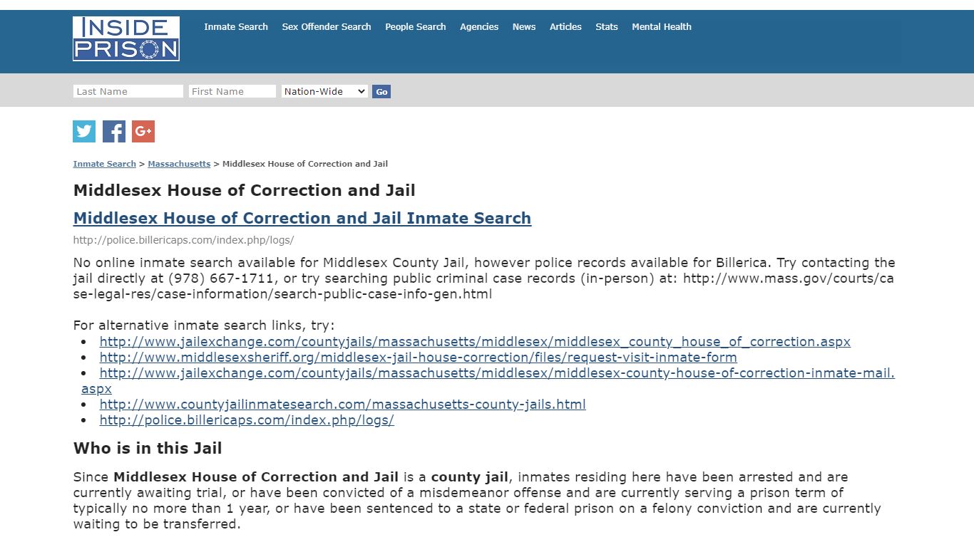 Middlesex House of Correction and Jail - Inmate Search