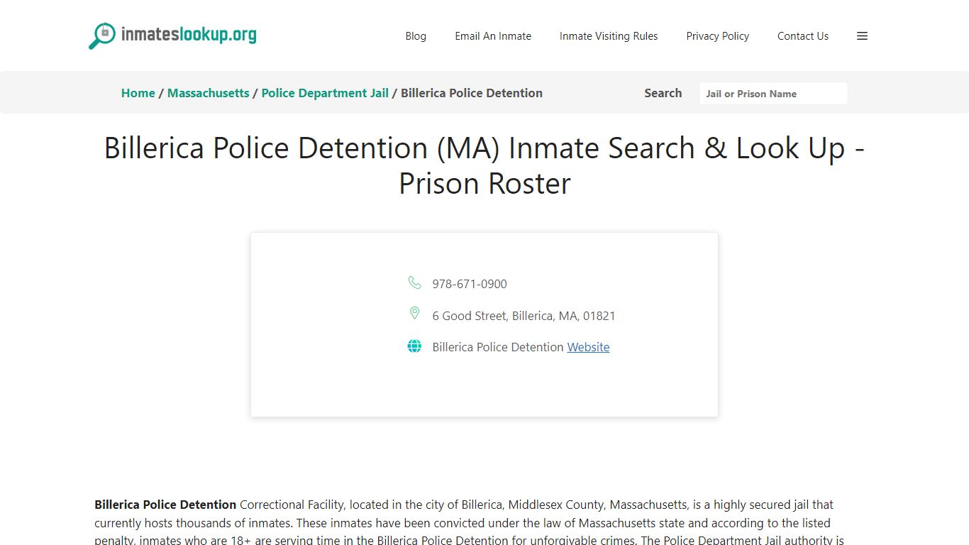 Billerica Police Detention (MA) Inmate Search & Look Up - Prison Roster